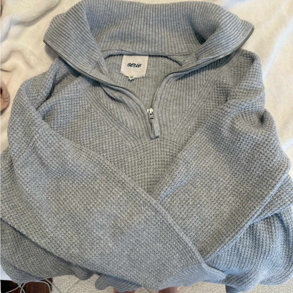 Aerie Gray Knit Zip Up Sweater